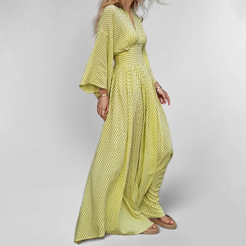 Saashi Elegant Folded V-Neck Maxi Dress – Long Sleeve Vacation Style Party Wear for Women