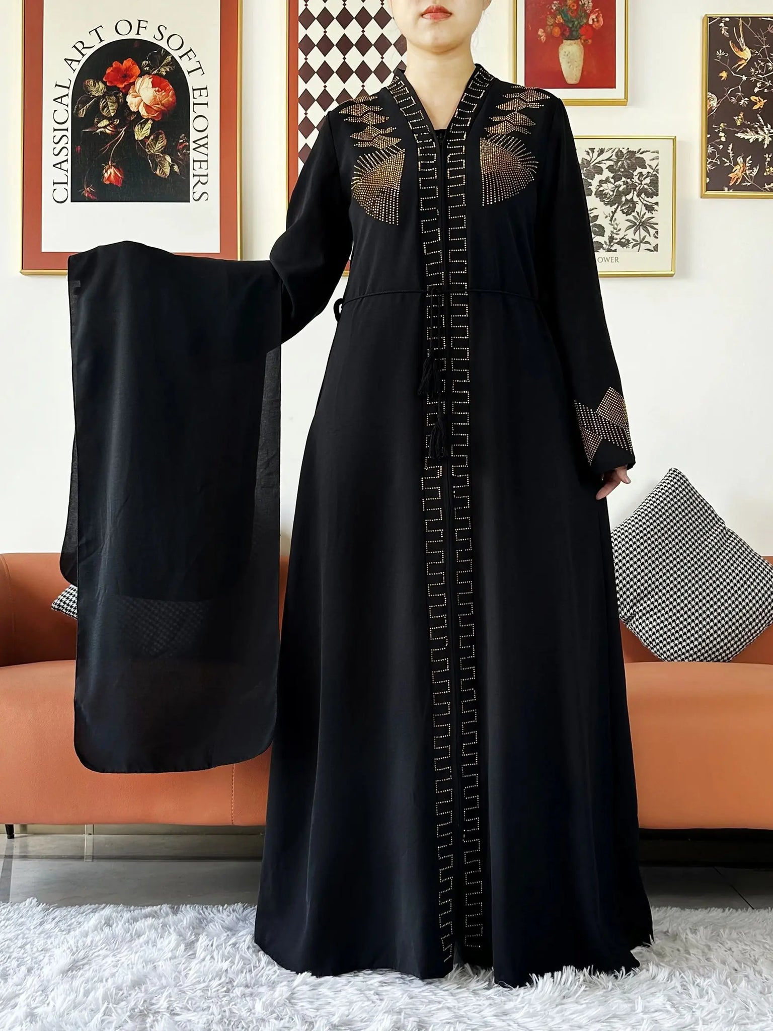 Saashi Elegant Chiffon Open Abaya with Zipper for Women Islamic Cardigan Dress Outfit