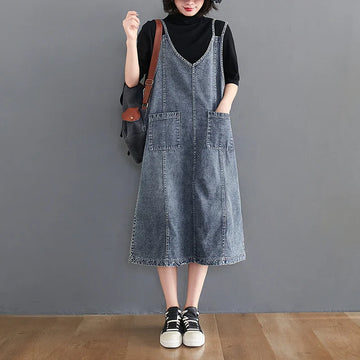 Saashi Denim Overall Dress Sleeveless Spaghetti Strap Casual Style