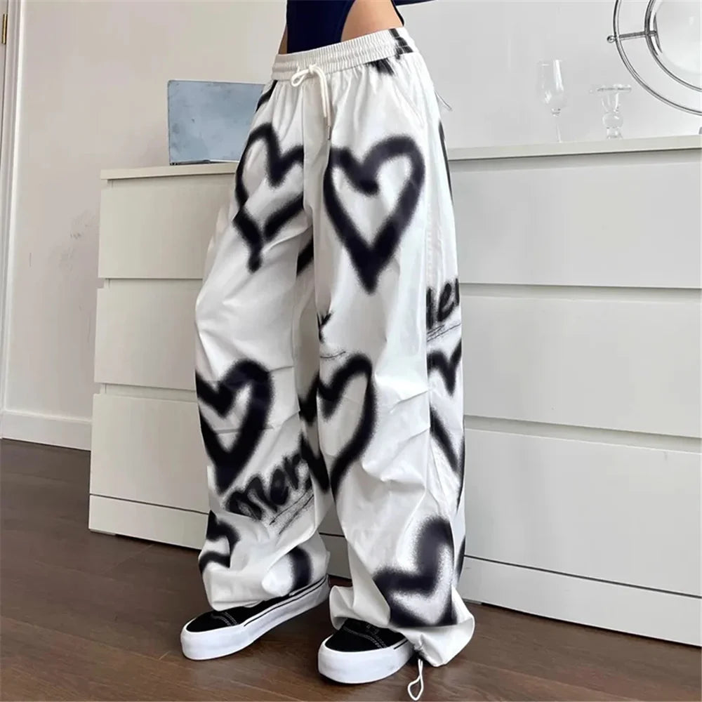 Saashi Women's Graffiti Wide-Leg Pants - Y2K High-Waist Streetwear