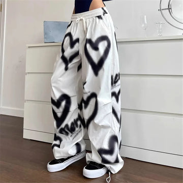 Saashi Women's Graffiti Wide-Leg Pants - Y2K High-Waist Streetwear