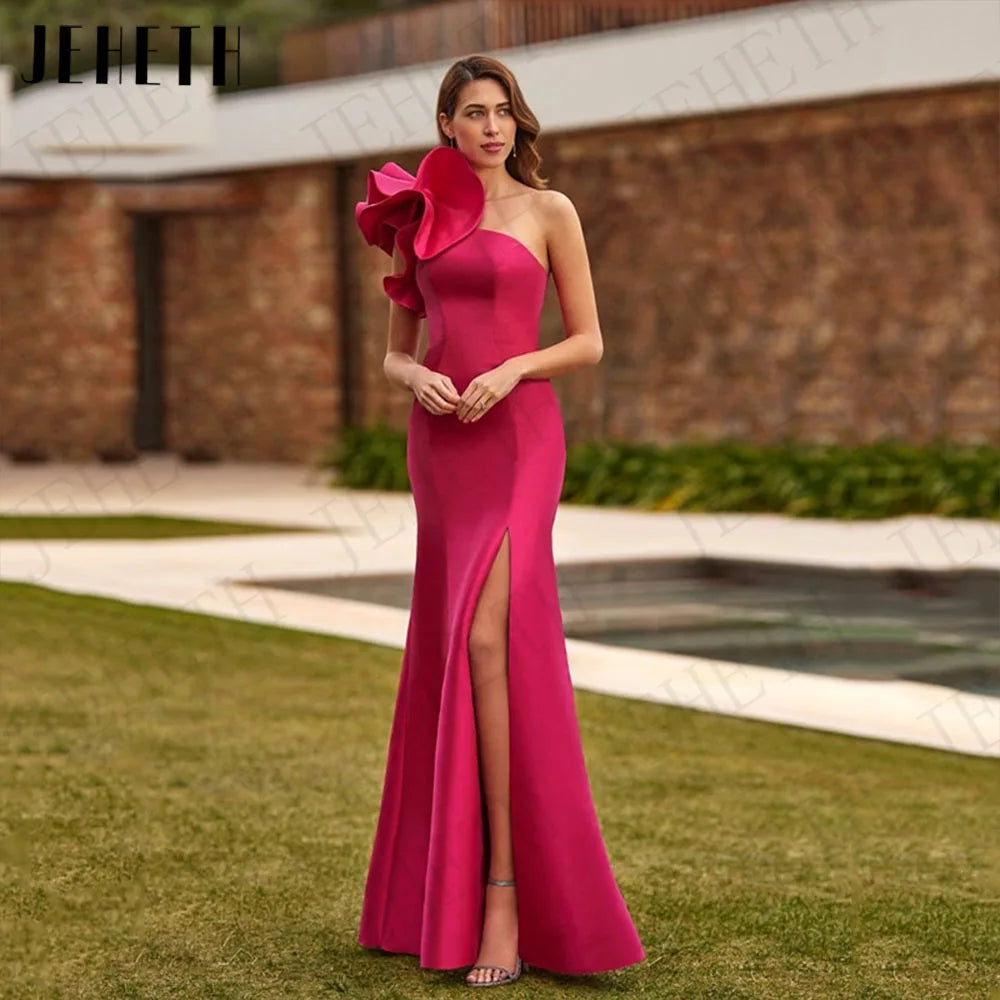Saashi One Shoulder Satin Mermaid Dress – Fuchsia Formal Gown with Split and Detachable Train for Women