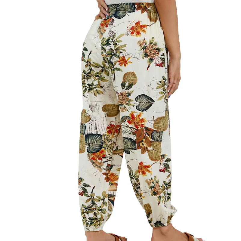 Saashi Plus Size Floral Print Slim Pants for Women with Elastic Waist and Stretch Fabric