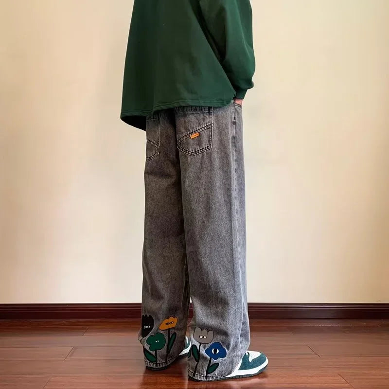 Saashi New Men's Y2K Flower Printed Baggy Jeans 2026 Streetwear American Wide-leg.