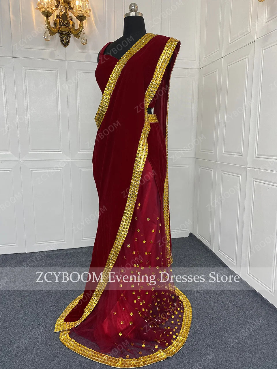 Saashi Velour Saree – Burgundy Mermaid Saree – Indian Party Dress Evening Gown
