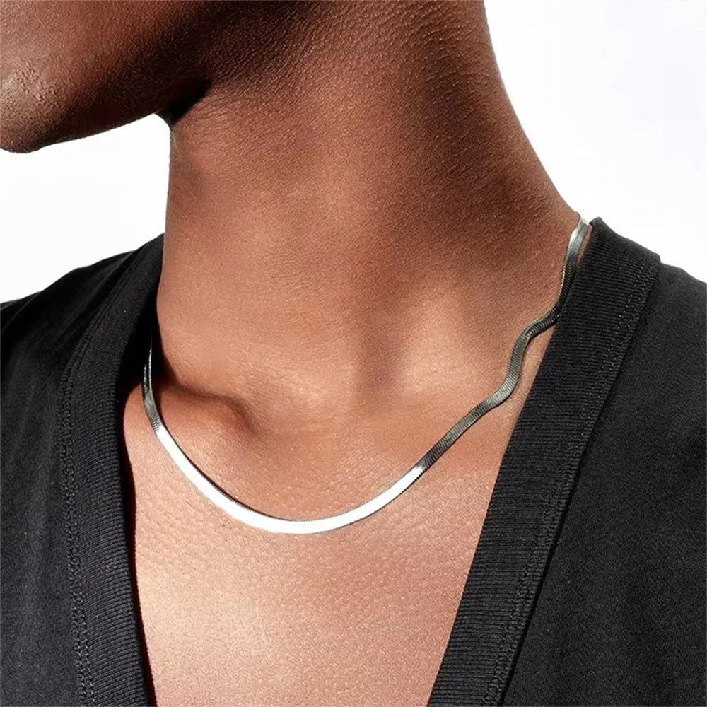 Saashi 4mm Titanium Steel Flat Snake Chain Necklace Men Women Hip Hop Jewelry.
