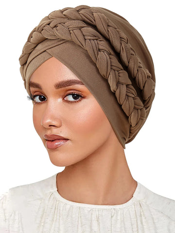 Saashi Trendy Braided Muslim Turban Cap for Women Solid Color Hijab Head Wrap Scarf