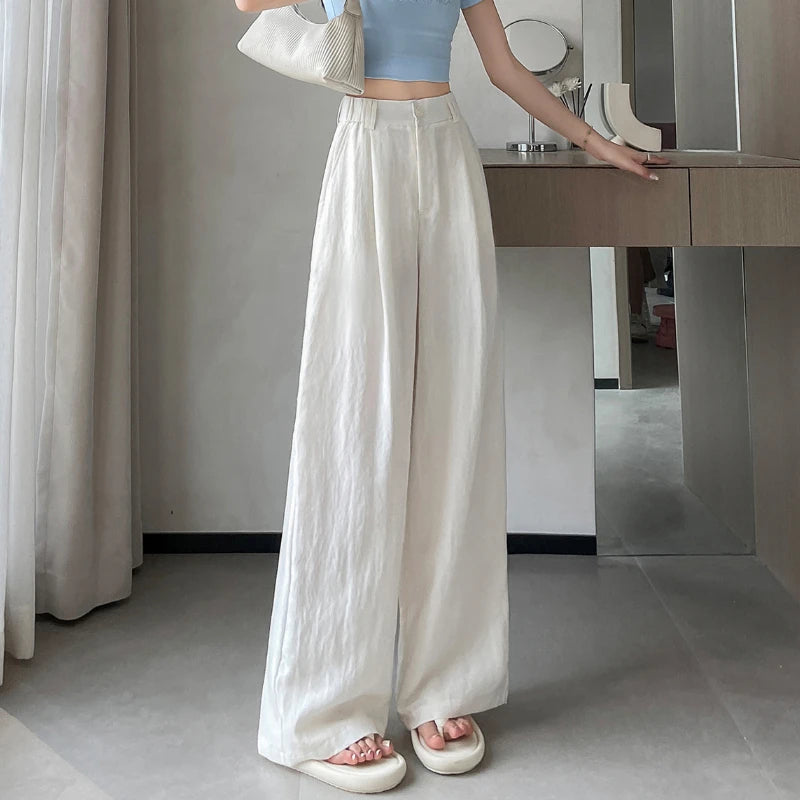 Saashi Cotton Linen Wide Leg Pants for Women High Waist Straight Loose Fit Trousers