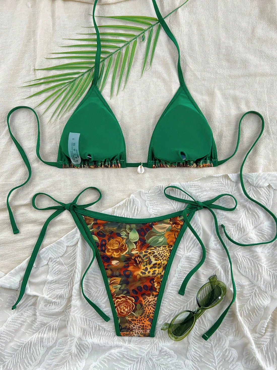 Saashi Green Border Leopard Print Bikini Swimsuit Two Piece Halter Beachwear Women.