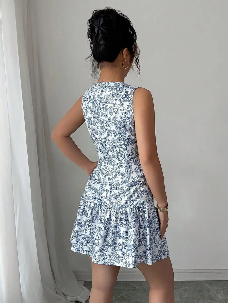 Saashi Blue White Floral Dress Sleeveless Boho French Style
