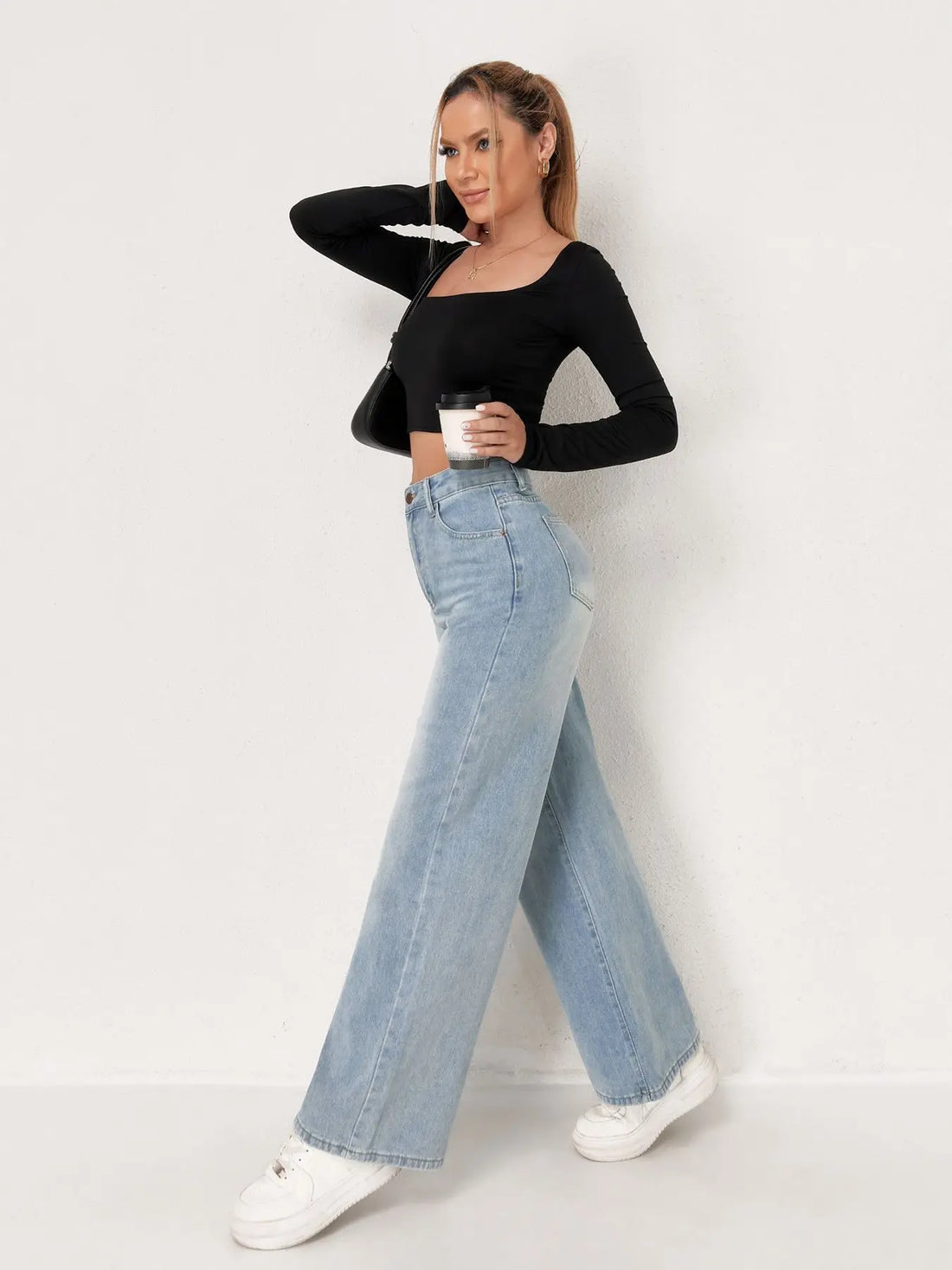 Saashi Women's European Trend Washed Blue Wide Leg Jeans Fashion All-matching Jeans.