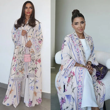 Saashi Floral Print Open Abaya Cardigan with Scarf for Muslim Women Long Sleeve Kaftan Dress