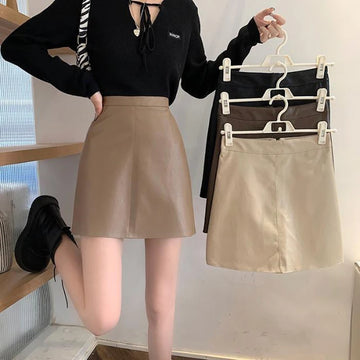 Saashi Women's PU Leather Mini Skirt Vintage Slim Fit High Waist A-Line.