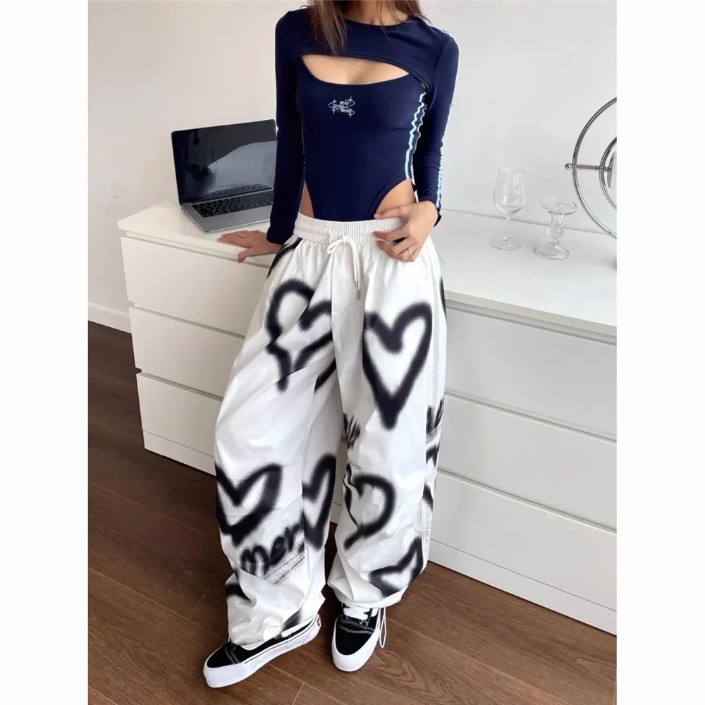 Saashi Women's Graffiti Wide-Leg Pants - Y2K High-Waist Streetwear