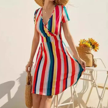Saashi Striped A Line Dress Short Sleeve Boho Casual Style