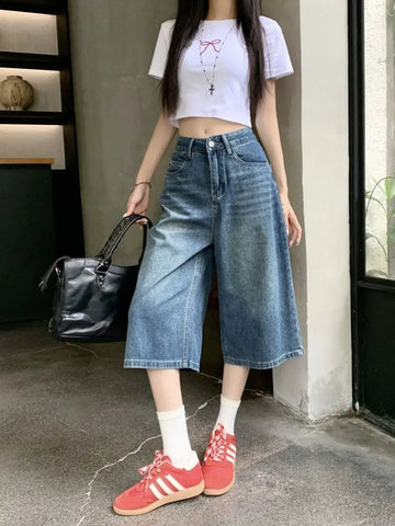 Saashi Summer American Style Vintage Women Baggy Jeans Y2k Loose Washed Shorts.