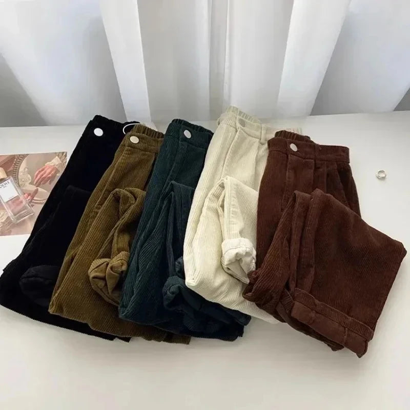 Saashi Retro High Waist Corduroy Pants for Women Straight Leg Full Length Black Trousers