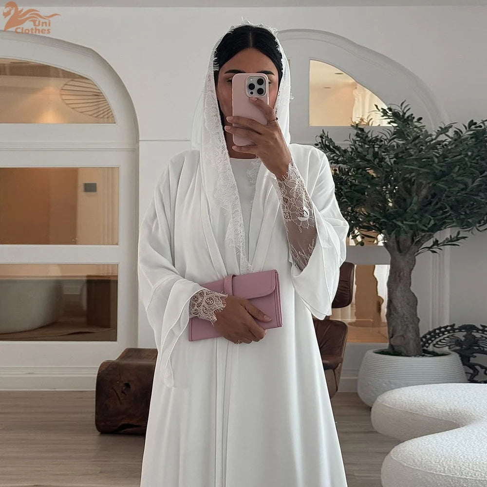 Saashi Solid White Open Abaya with Hijab Scarf for Muslim Women Elegant Moroccan Kaftan Style