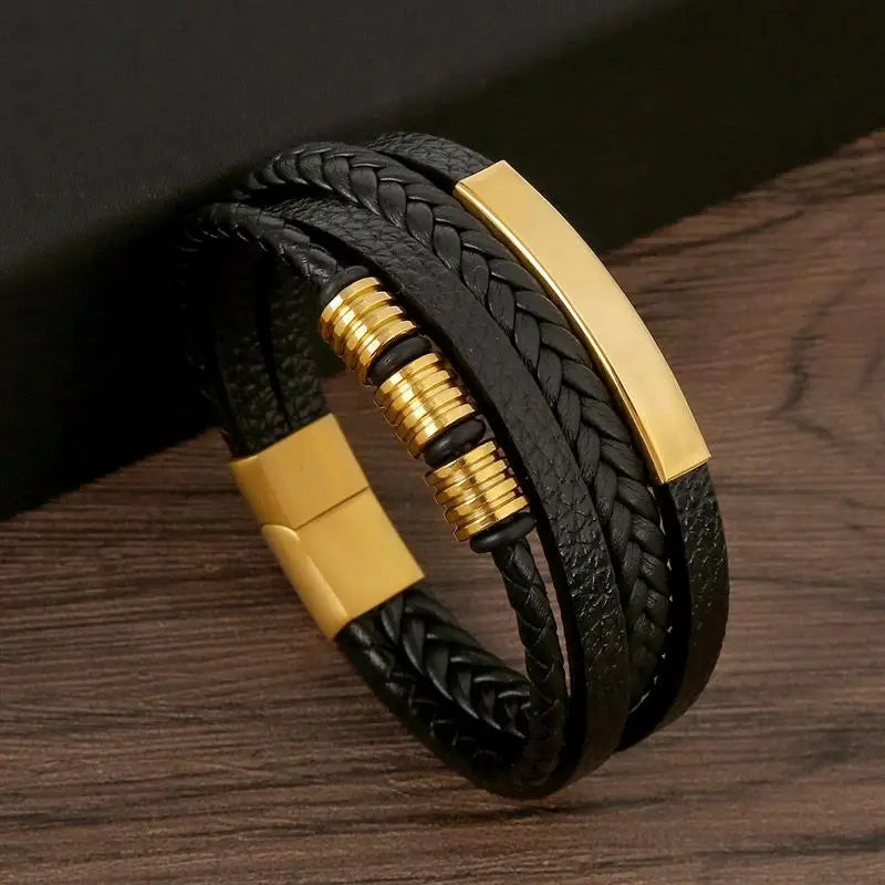 Saashi Classic Mens Leather Bracelet Hand Woven Multilayer Fashion Jewelry Accessory for Men